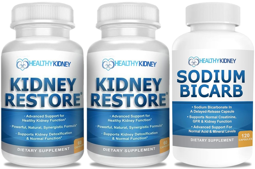 Kidney ניקויse ו- Kidney Health תוסף כדי לתמוך בתפקוד קידני רגיל 60 caps, 2 Pack עם Sodium Bicarbonate 650 מ"ג קפסולות, 120 גלולות