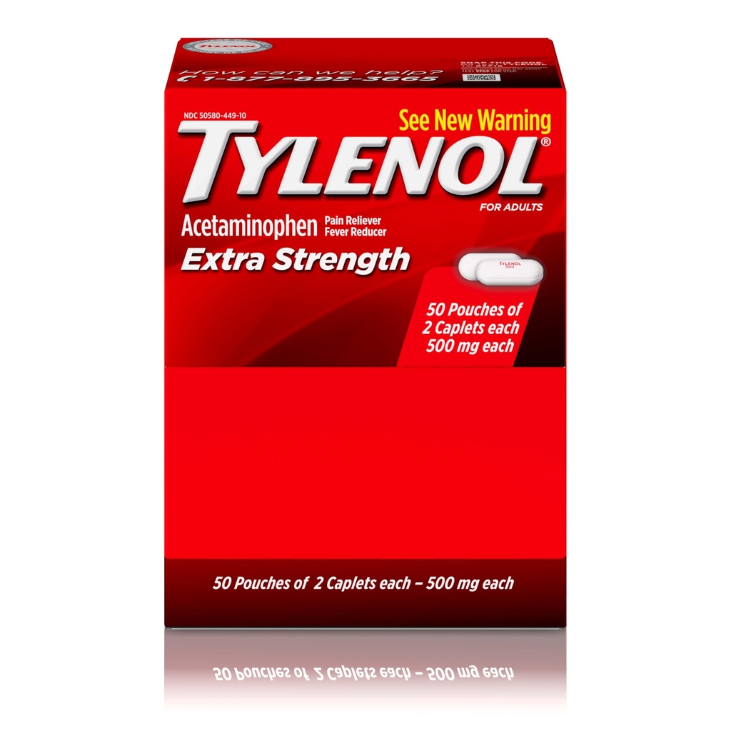 Tylenol תוספת כוח Acetaminophen Caplets, 500 מ"ג, כאב הקלה & Fever צמצם עבור כאבי ראש, כאבי גב, Toothache, Menstrual Cramps & Pain, Travel-Friendly Packaging, 2Caplet Pouches, 50 הרוזן, 50 הרוזן