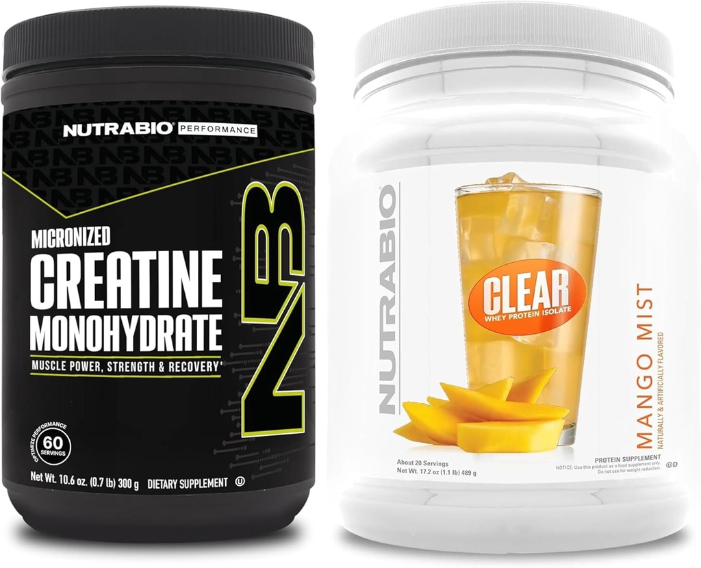 NutraBio Creatine Monohydrate, Unflavored, (300 גרם) ו Clear Whey חלבונים Isolate, (Mango Mist) תוסף Bundle - שריר אנרגיה, צמיחה מקסימלית, התאוששות וכוח