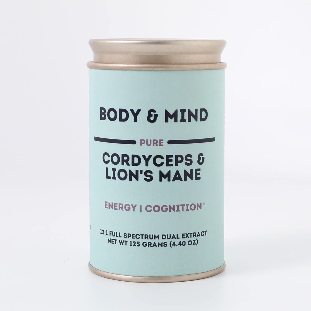 גוף ונפש - טהור של אריה אורגני Mane & Cordyceps Mushrooms 12:1 תמצית כפולה - פוקוס, קוגניציה, אנרגיה, אנדורנס - 100% פריים גופים - להוסיף מים / Tea / Coffee / Smoothies - 125 גרמים