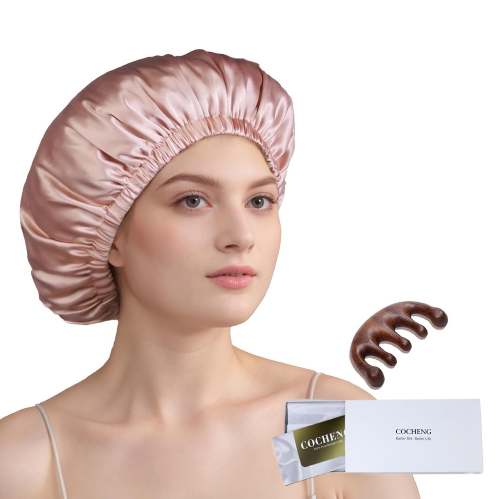 100% מולברי משי בוננט עבור נשים ארוכות שיער - Double Layer Sleep Cap -Silk Sleep Bonnet עם אליסט נשאר על הראש (Pink, גדול)