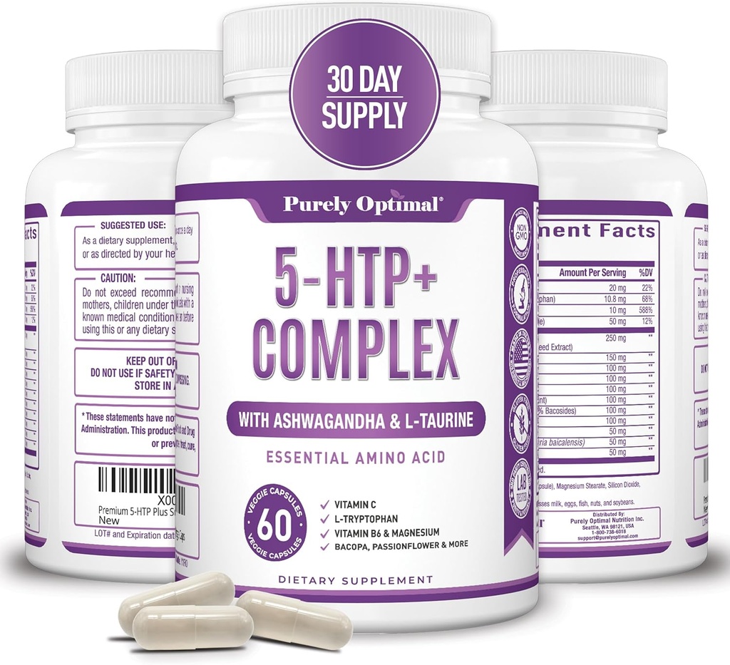 Premium 5-HTP פלוס תוספת 250 מ"ג כוח מקסימלי - Sleep Aid, Mood Boost, מקדם Calm & מרגיעה, תמיכה ניהול מתח - משופרת עם ויטמין B6, Gluten Free, non-GMO, 60 Veggie Caps