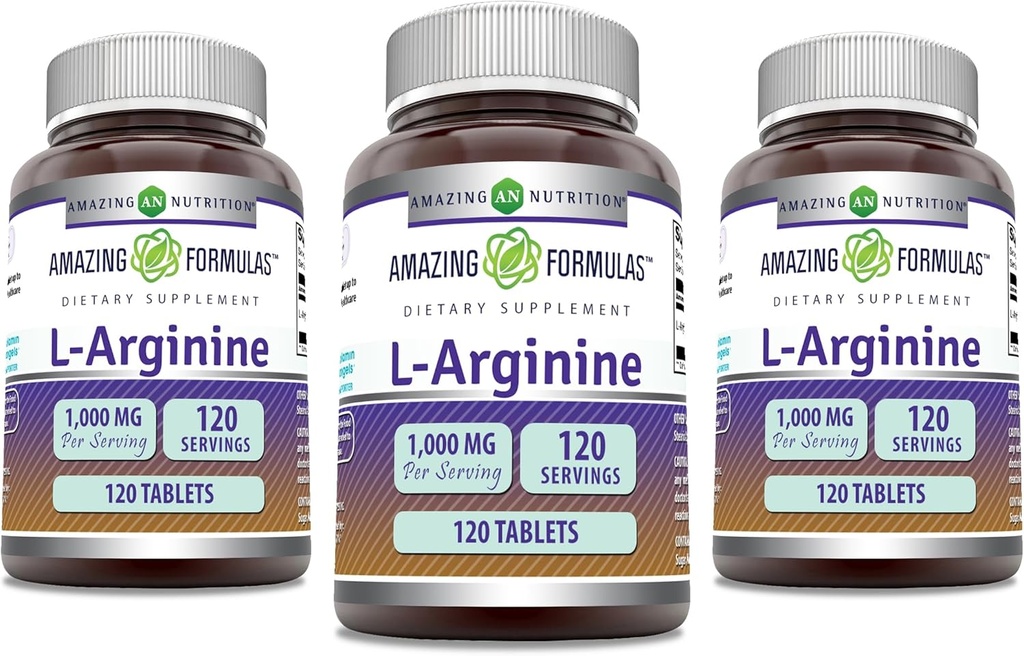 פורמולה מדהימה L-Arginine תוסף | 1000 Mg Per Serve | Tablet | Amino Acid Supplement for Women & Men | Non-GMO | Gluten Free | Made in USA (120 Count | 3 Pack)