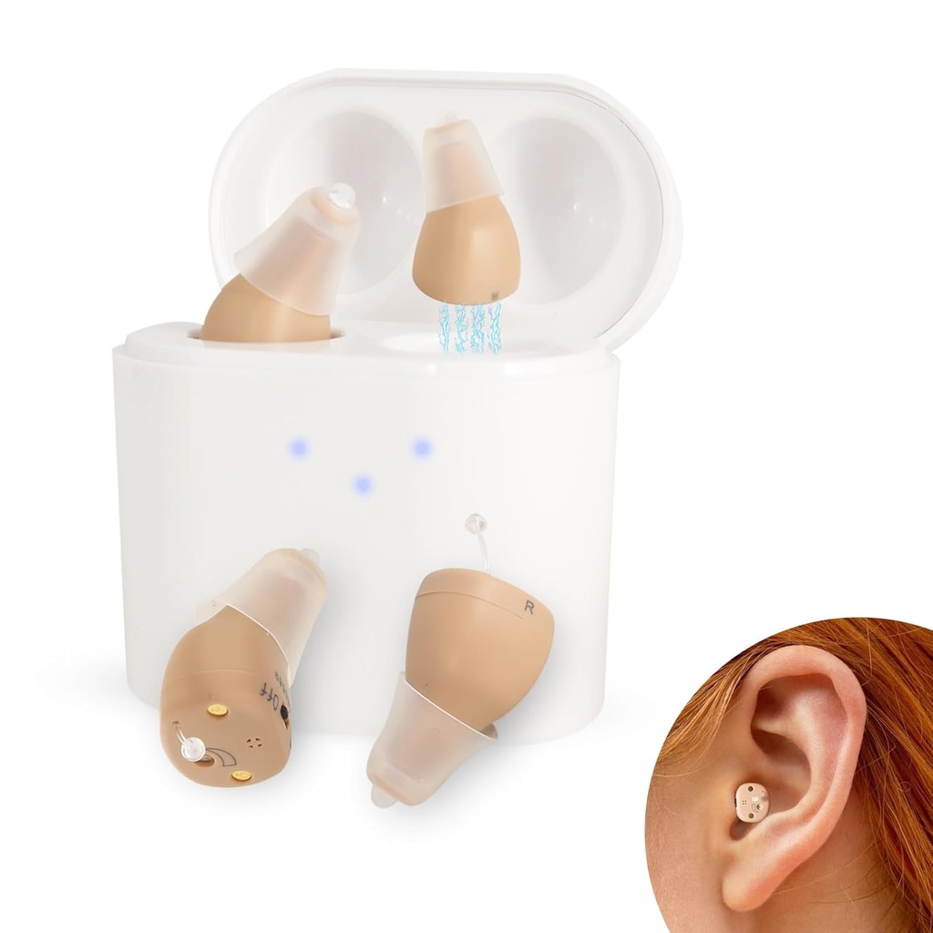 BeVI השמיעה עזרה למבוגרים מבוגרים עם מקרה צ'ינג, OTC שמיעה איידס לטעון עבור מבוגרים מבוגרים מבוגר תוספת תשלום עם Noise בוטלהling, בלתי נראה השמיעה Beige, 1 Pair