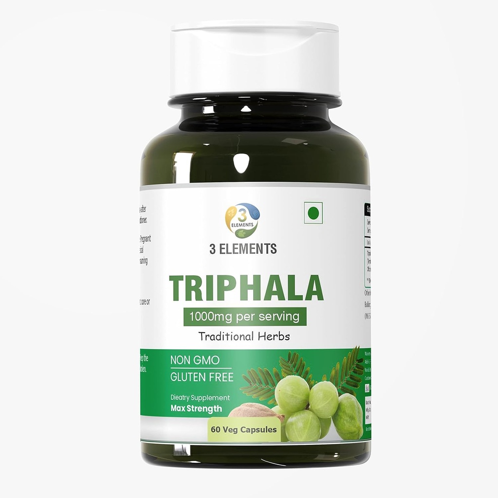 3elements Triphala 1000 מ"ג I 60 קפסולות עבור Daily Detoxifying, ניקוי, & Rejuvenating, Digestion & קולון תמיכה, Immune System Support, Fitogen, Acent Dense, טבעוני, ללא גלוטן