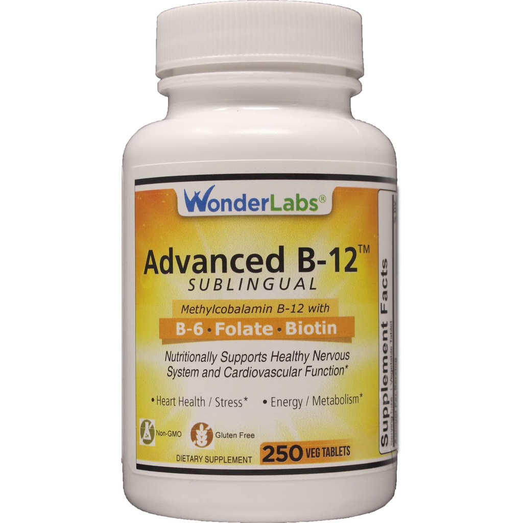 Wonder Laboratories Sublingual ויטמין B12 (1000 mcg), B6 (5 מ"ג), Folic Acid (400 mcg) & Biotin (25mcg) - פורמולה עם Methylcobalamin ויטמין B-12 (250 טבליות)