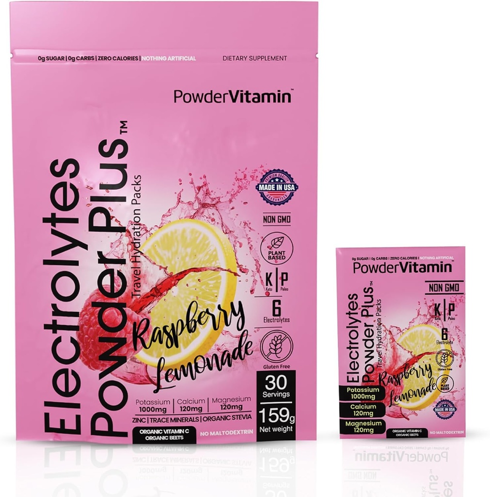 אבקת Vitamin אלקטרוליט אבקת פלוס, Keto, Raspberryade, סוכר חינם, 1000 מ"ג Potassium, 120 מ"ג Calcium, 120 מ"ג מגנזיום, non-GMO, Zero Calories, 30 hydrotion Packets