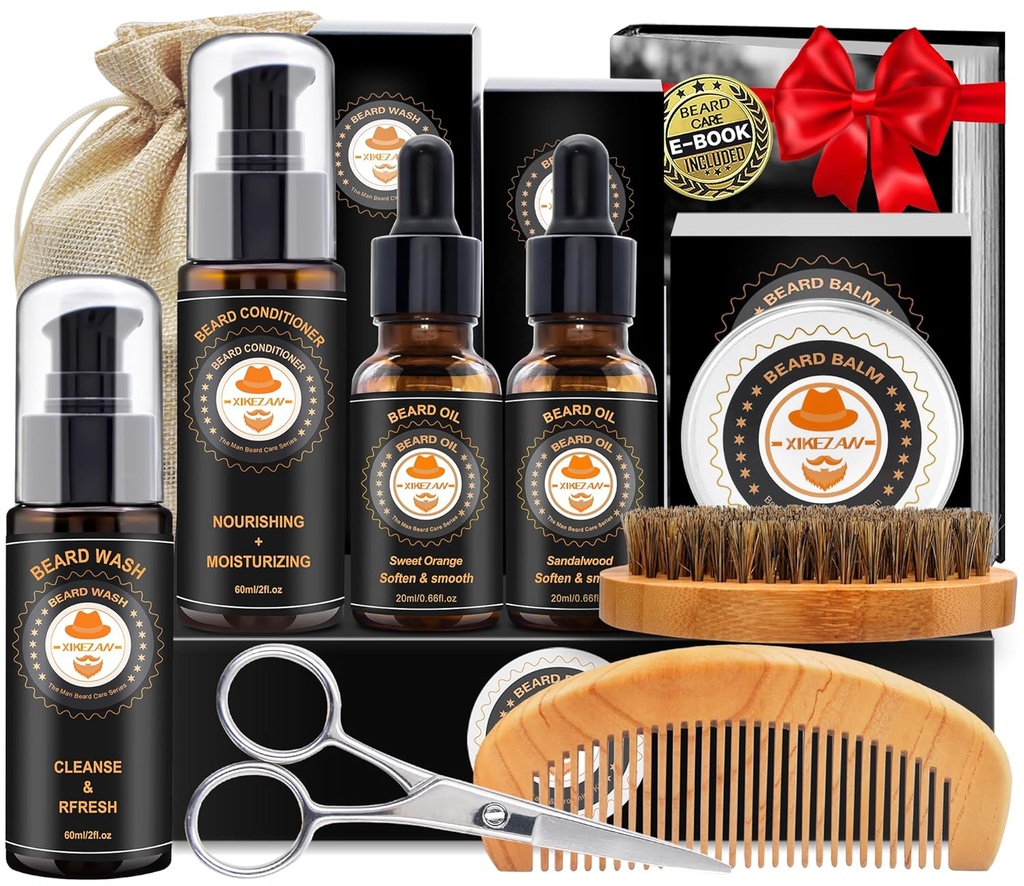 XIKEZAN Beard Kit for Men Grooming & Care w/Beard Conditioner, Wash, Oil, Balm, Brush, Brush, Comb, Birthday Fathers Valentines Gifts for Men Him Daddy Husband Christmas Gifts Mens Stocking Stuffers