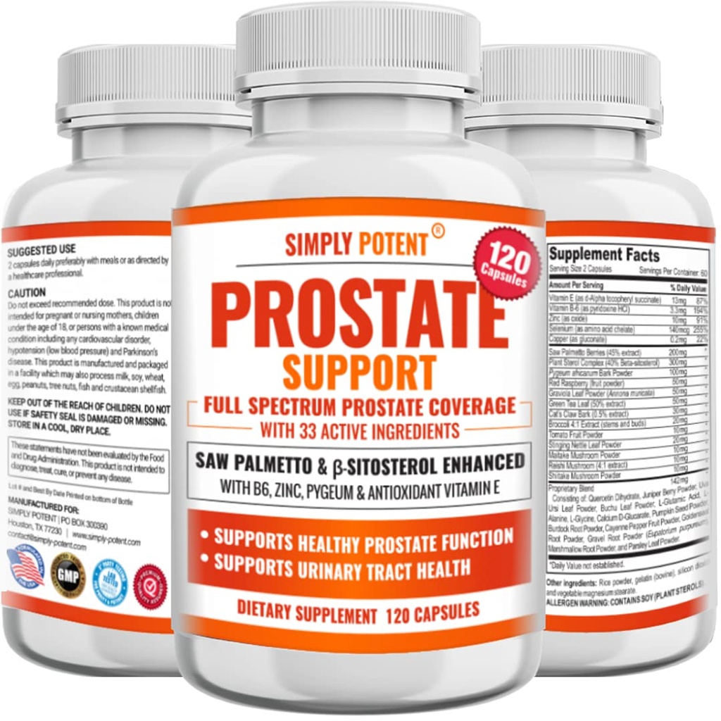 תוספי Prostate עבור גברים (120 קפסולות), Saw Palmetto Prostate תמיכה בריאות - 33 ויטמין & Herbs - Beta Sitosterol Plus B6, Selenium & Zinc for Healthy Urination Frequency & Flow & כראוי Sleeps