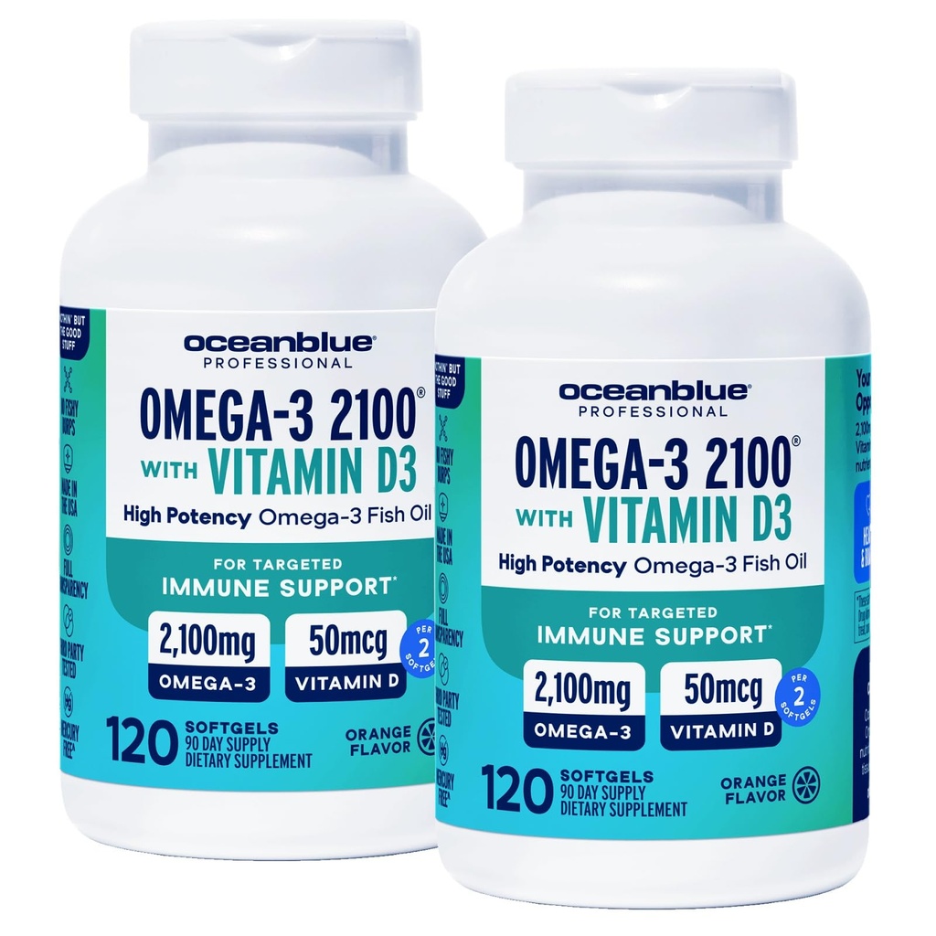 Oceanכחול Professional אומגה 3 2100 עם ויטמין D3 - 120 ct - 2pack - תוספת שמן דגים משולשת ברטול שומן תוספת עם High-Potency EPA, DHA, DPA ו- ויטמין D3 - Wild-Caught - כתום פלאפור