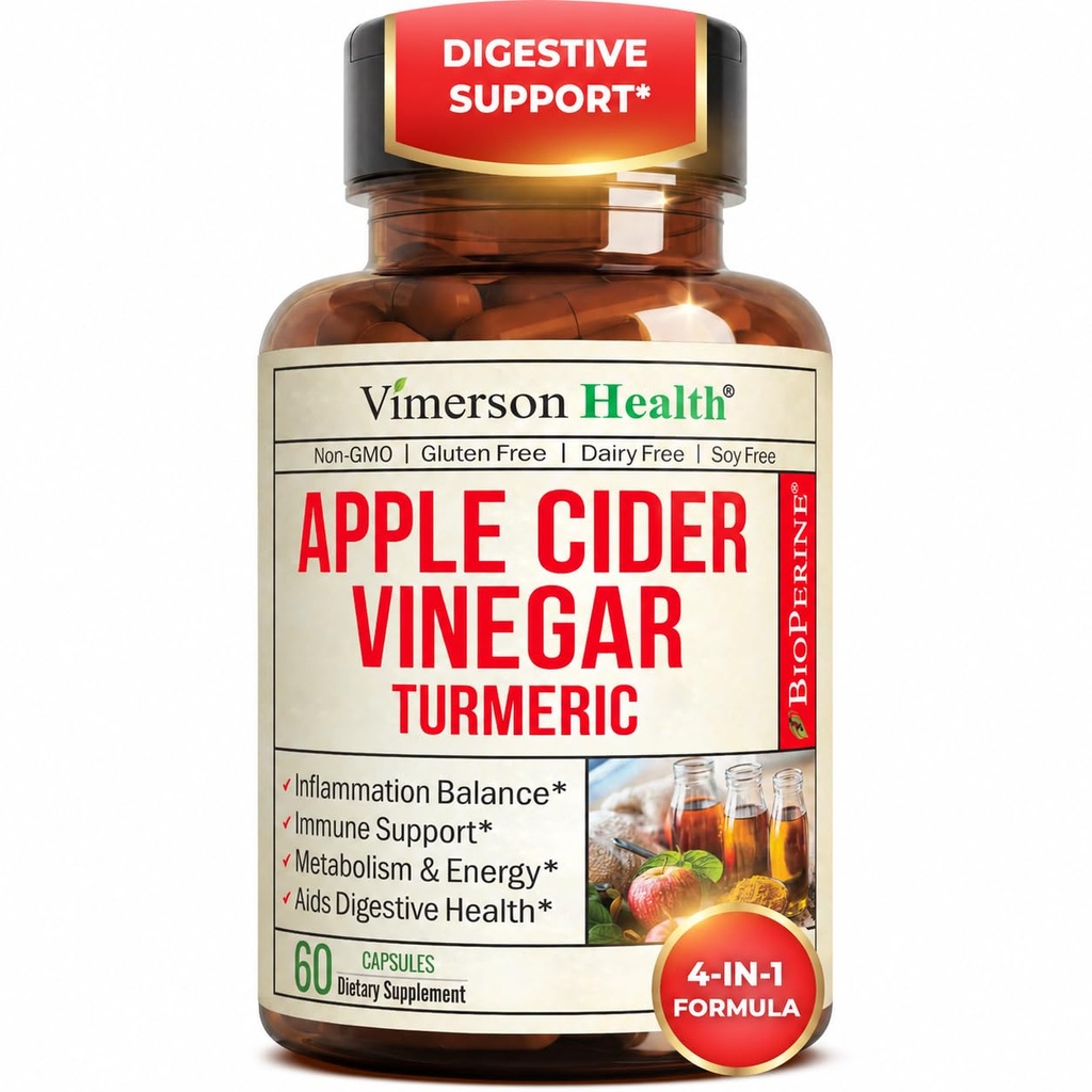 אורגני Apple Cider Vinegar עם תוסף Turmeric Curcumin & ג'ינג'ר לבריאות העיכול, Metabolism, Energy & Joint Support - אורגני Turmeric & Apple Cider Vinegar קפסולות.