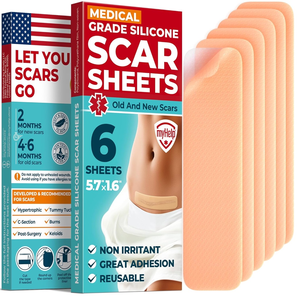 דרגה רפואית Silicone Scar Sheets - 6pk (5.7"x1.6) - הבדל בולט על מרקים סורגיים וקלאידיים - Reusable C-Section Scar Silicone Strips - Easy to Use Strips