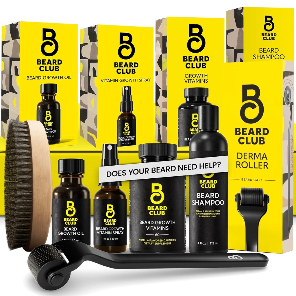 The Beard Club Advanced Beard Growth Kit - Derma Roller, growth Oil, ויטמינים ווויטמין Spray, Shampoo ו-Boar Bristle Brush - Gift Set - Cedar