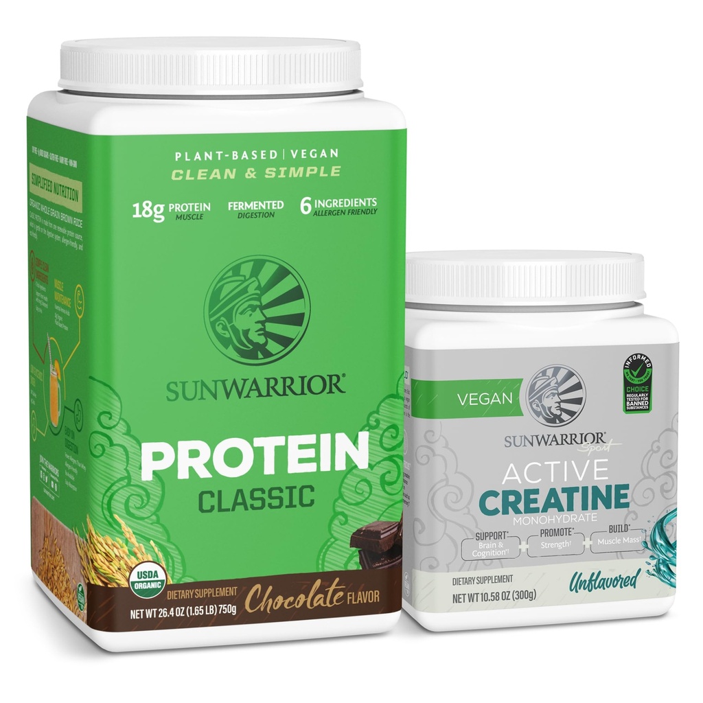 אבקת חלבון אורז Sunwarrior Brown Rice מבוססת על צמחייה | 30 מנות שוקולד ואבקת Monohydrate Creatine Monohydrate