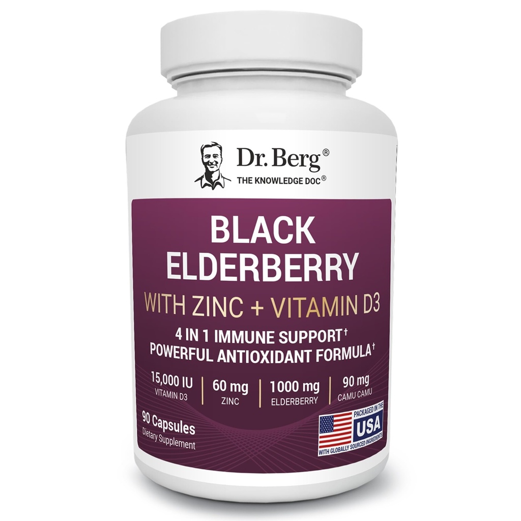 Dr. Berg Black Elderberry קפסולות (Advanced Immune Support) עם 15,000 IU ויטמין D, 60 מ"ג של Zinc, ו 90 מ"ג של Camu Camu - (4-in-1) Sambucus Elderberry Immune תמיכה - 90 קפסולות קפסולות