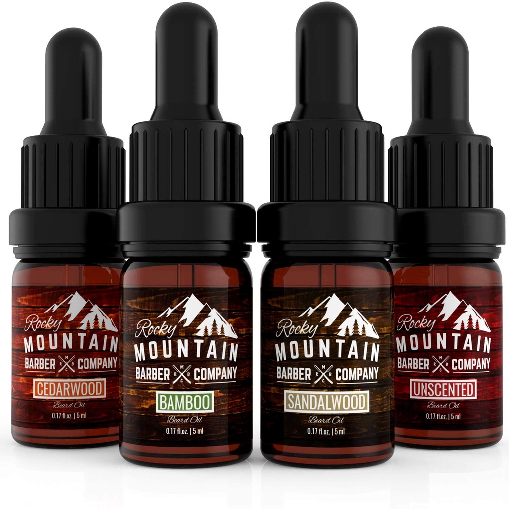 רוקי Mountain Barber Company Beard Oil Size Pack - 4 Varieties ייחודיים שמן Beard (0.17 oz כל אחד) - Cedarwood, Sandalwood, Bamboo & Unscented - מכיל שמנים חיוניים