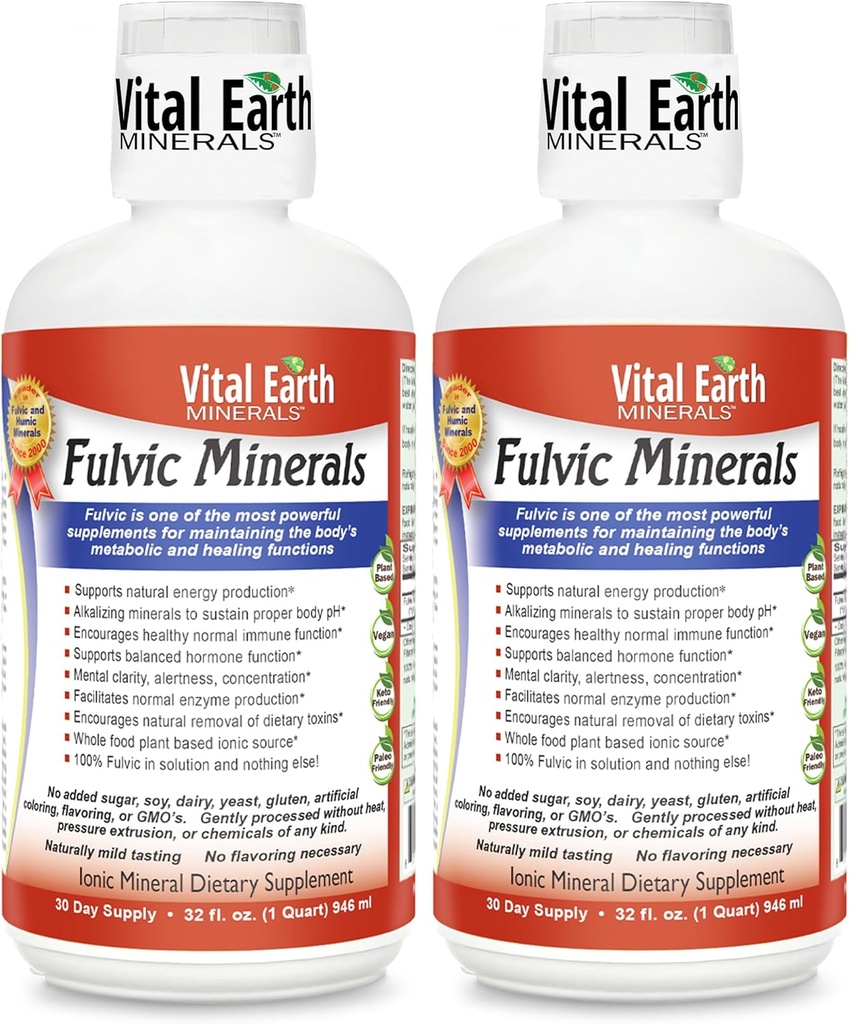 Vital Earth מינרלים Fulvic מינרלים נוזלי - תוסף Fulvic Acid עם 70+ Trace מינרלים, אלקטרוליטים לאנרגיה ו Vitality, 32 Oz Ea + 1 Oz Cup