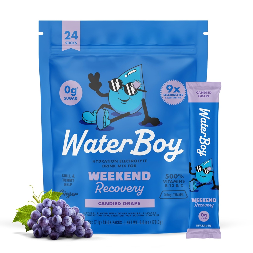 Waterboy Weekend Recovery 3,187 מ"ג אבקת Packets | ג'ינג'ר + L-theanine + ויטמינים | No Sugar, All Natural, Gluten Free | 24 שתו מקל Mixes (Grape)