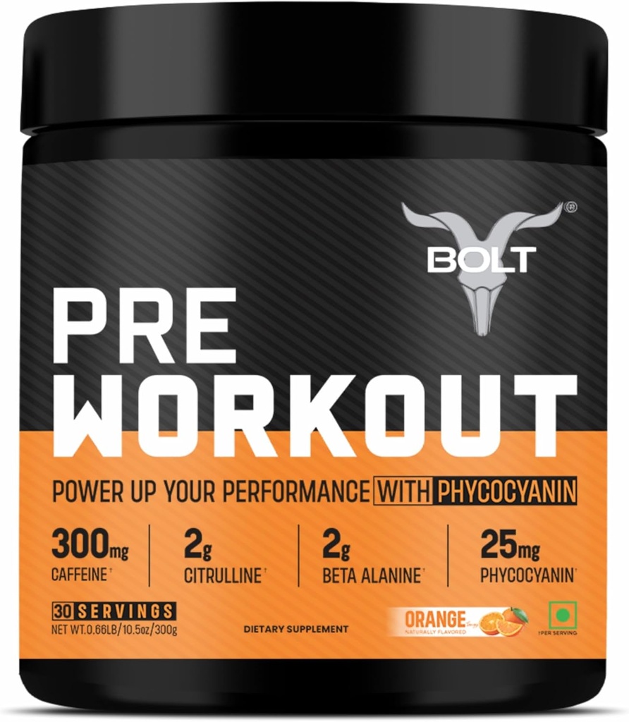 תוספת עבודה מוקדמת עם Caffeine, Citrulline Malate, B-Alanine, טאורין | Explosive Energy, Pump & Focus | 300g,30 מנות | Tangy Orange