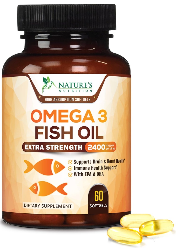 אומגה 3 שמן דגים 2400 מ"ג - תוספת כוח משולש EPA & DHA Fatty Acids for Heart, Brain & Joint Support - Wild-Caught, Burpless, Lemon Flavor - Natural, non-GMO, Gluten-Free - 60 Softgels