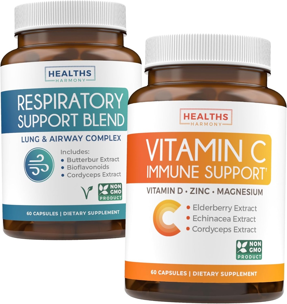 הנשימה קלה ווויטמין C (1-Month Supply) Breath Easy Bundle - תמיכה ב- Respiratory Support Deep Lung Cleanse for Airway Health (60 Caps) & ויטמין C Immune Support - Immunity Boost בלנדר (60 Caps)