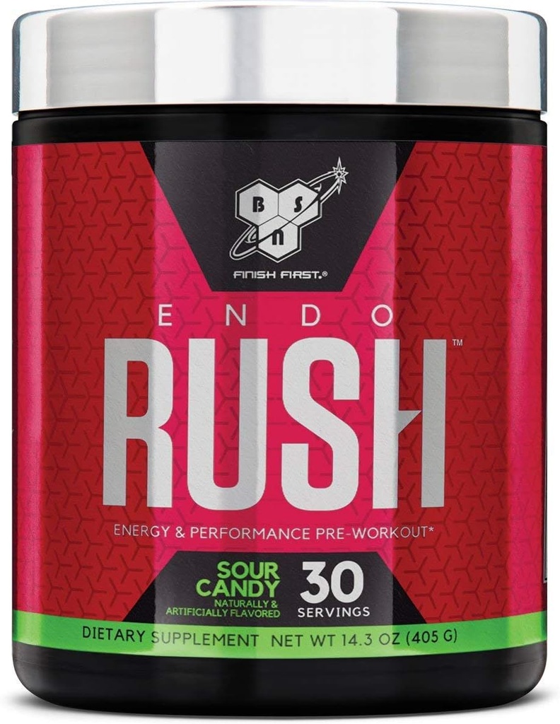 אבקת BSN Endorush Pre Workout, תוספת אנרגיה לגברים ונשים, 300 מ"ג של קפאין, עם Beta-Alanine ו Creatine, Sour Candy, 30 משרתות, 14.3 אוונס (Pack of 1)