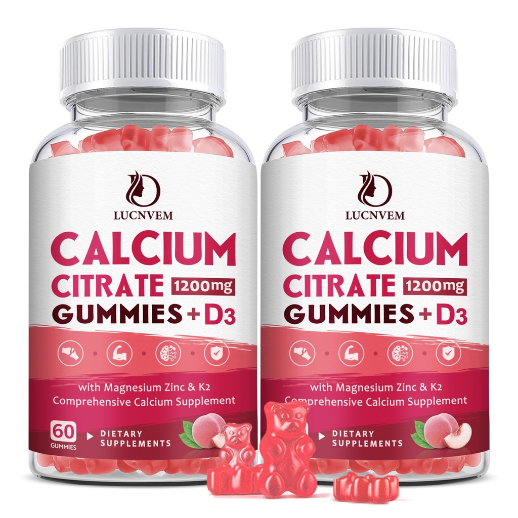 (2 Pack) Calcium Citrate 1200 מ"ג עם ויטמין D3 תוספת חניכיים עבור נשים וגברים, Calcium חניכיים עם ויטמין D3 K2, קיצור גבוה עבור שריר העצם בריא - Peach Flavor - 60 יום אספקת אספקה