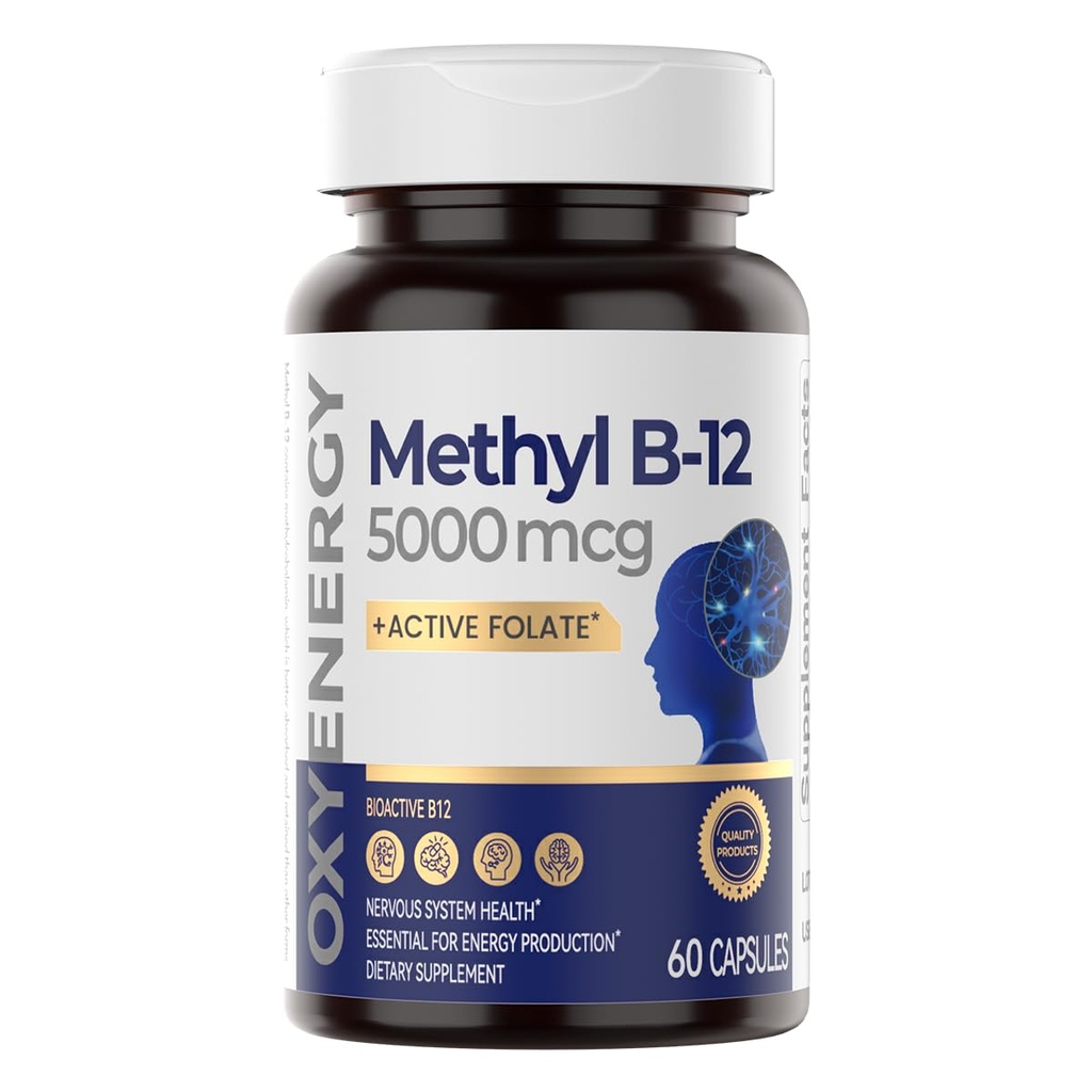 OxyEnergy Methyl ויטמין B12 5000mcg, תוספת כוח Methylcobalamin B-12 תוספי מזון עם Folate, תמיכה עצבים, אנרגיה Metabolism & קוגניטיבית, 60 קפסולות