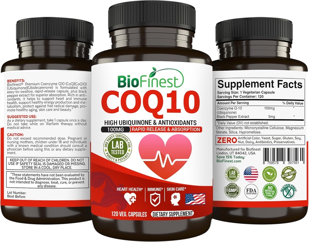 BioFinest CoQ10 Coenzyme Q10 100 מ"ג תוספת - שחרור מהיר מהיר Absorption - Immune Heart Energy Antioxidant (120caps)