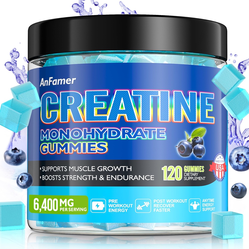 Creatine Monohydrate Gummies for Men & Women, Increase Strength and Build Muscle, Energy & Booty Gain, Preworkout Supplement, Sugar Free, Vegan, Chewables Blueberry Flavor-120 Count