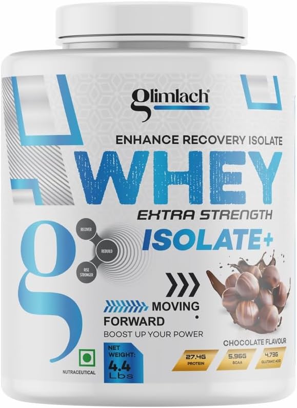 GLIMLACH Whey תוספת כוח Isolate + אבקת חלבון עבור תמיכה שרירים ושיקום, Vegetarian - מקור ראשוני Whey Isolate (4.4LBS, שוקולד)