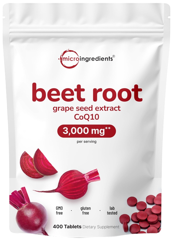 Beet Root 3,000 מ"ג עם Grape Seed לחלץ & CoQ10, 400 טבליות | 200 לשרתים | Super Beets תוספי מזון טרי Beetroot עבור Nitric Oxide, Blood Stress & Heart Support
