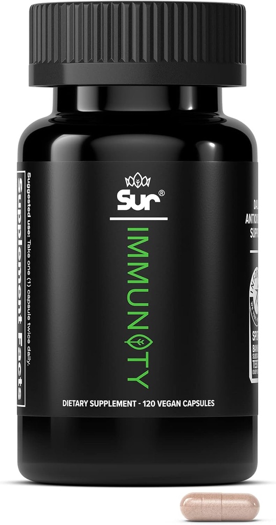Sur Immunity Immune תמיכה תוסף עם ויטמין C, Acerola Cherry, Turmeric & Green Tea Extract - Optimal Defense Wellness משטרn, תוספת אנטי-חמצן & טבעוני Polyphenol (120 קפסולות)