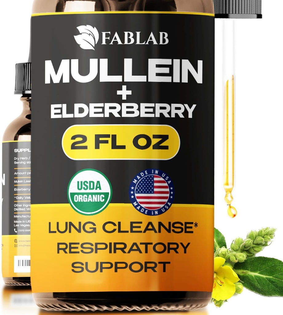 FabLab Mullein Leaf Extract with Elderberry 2 Fl Oz - Made in USA - טיפות עבור Better Lung - מוללין Tincture עבור Lung Detox - ניקוי ברונצ'יאלי למעשנים - תוספת הנשימה של צמחי מרפא