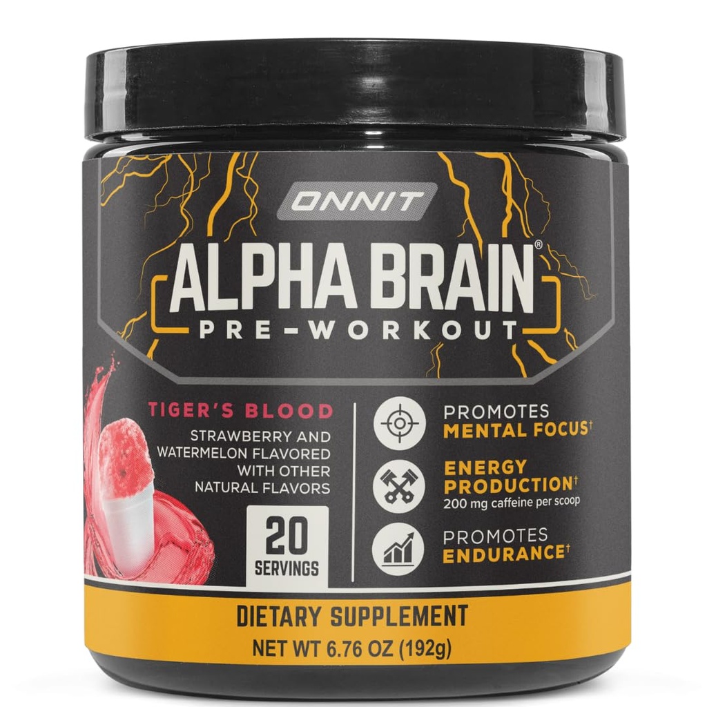 על OnNIT Alpha Brain Pre-Workout אבקה, IGTM Non-GMO נבדק, של Tiger's Blood Flavor, Pre-Workout תוסף לנשים וגברים, תוספת תזונתית, 20 משרתות ל- Tub, 6.76 oz