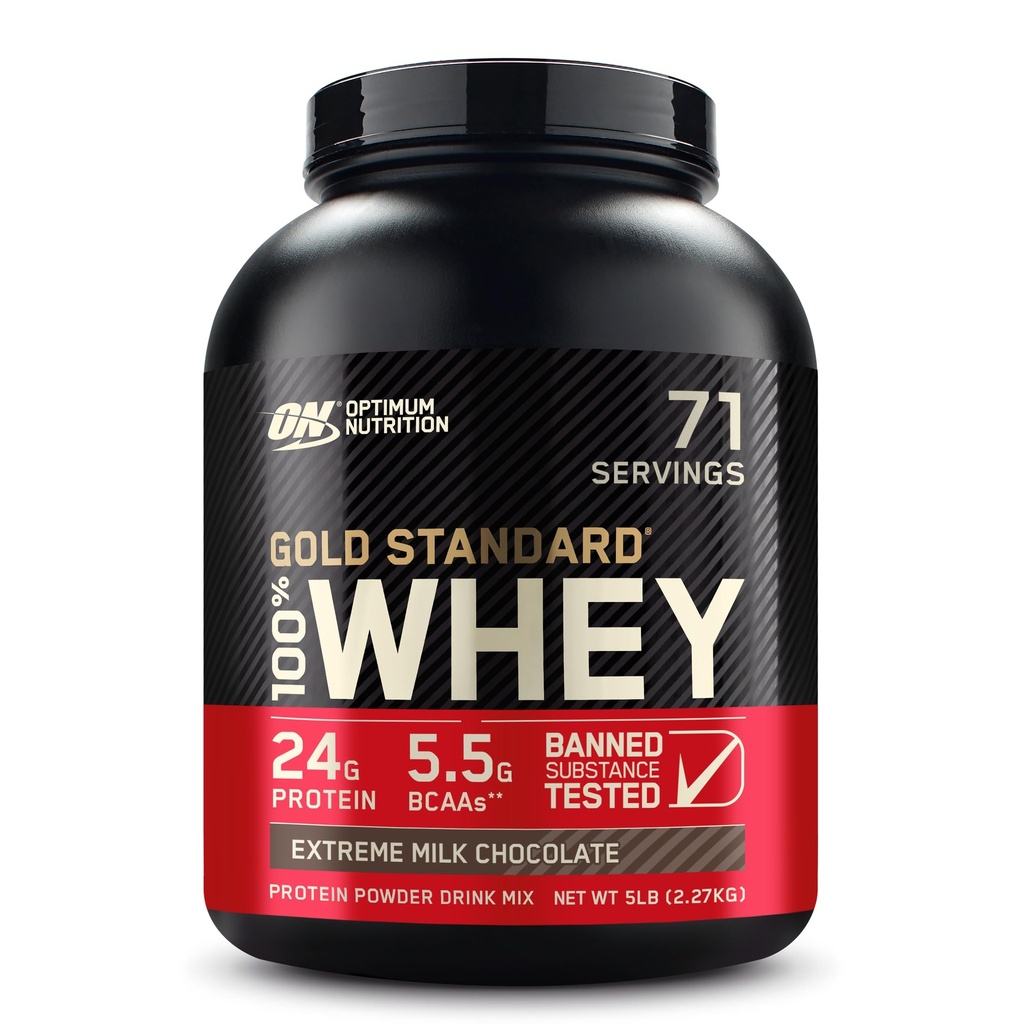אופטימוס תזונה זהב סטנדרטי 100% אבקת חלבון Whey, שוקולד חלב קיצוני, 5 פאונד (Packaging May Vary)