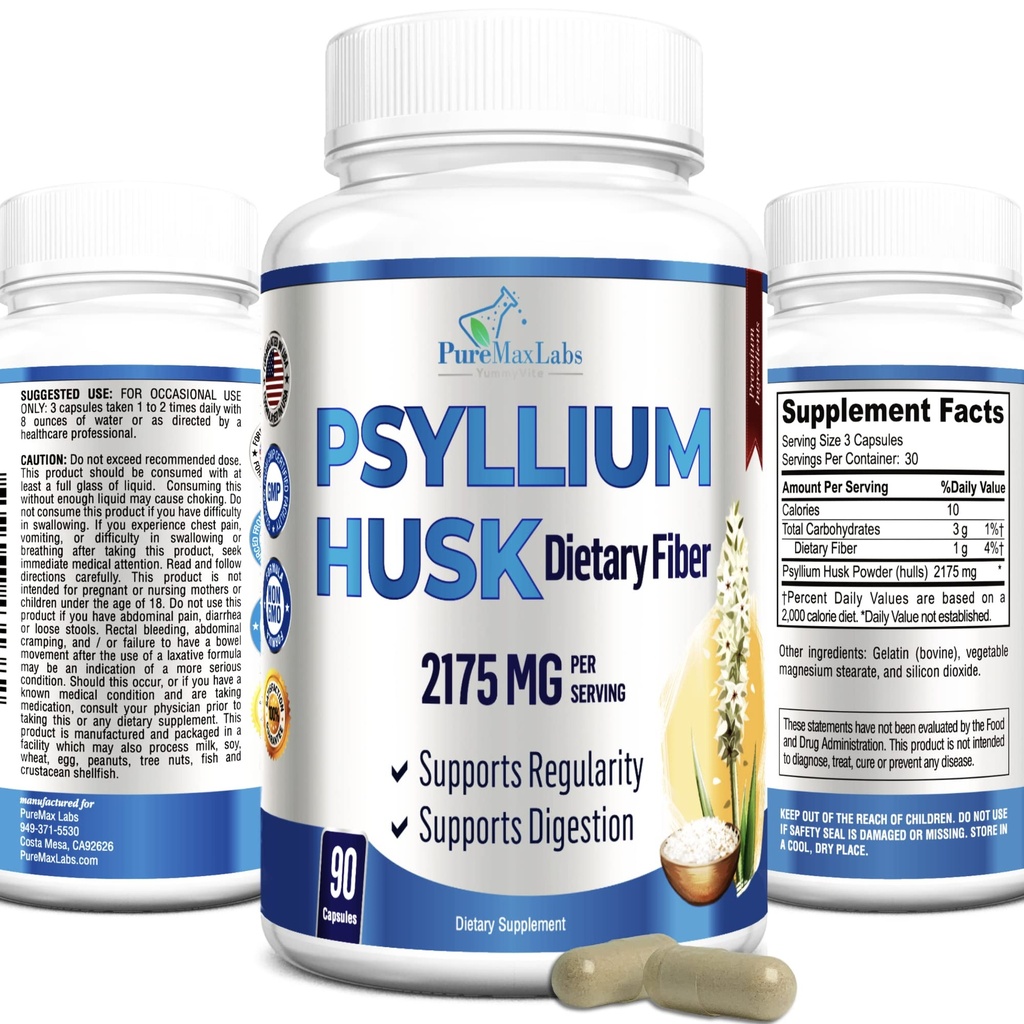 Psyllium Husk Dietary סיבים 2175mg, Non-GMO, 90 קפסולות