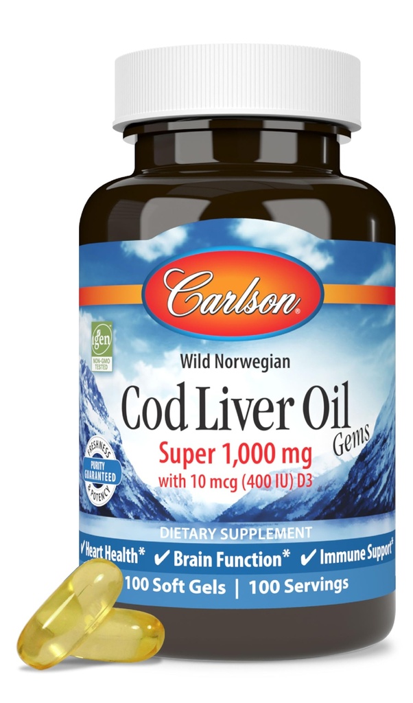 קרלסון - Cod Liver Oil, Super 1000 מ"ג + ויטמינים A & D3, Wild Norwegian, Sustainably Sourced, 100 Softgels