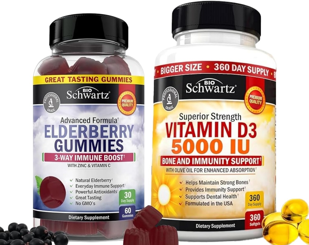 BioSchwartz Elderberry Gummies עם Zinc ו ויטמין C עבור מבוגרים Immune תמיכה (1 חודש אספקה) בתוספת ויטמין D3 5000 IU 125 mcg (1 שנה)