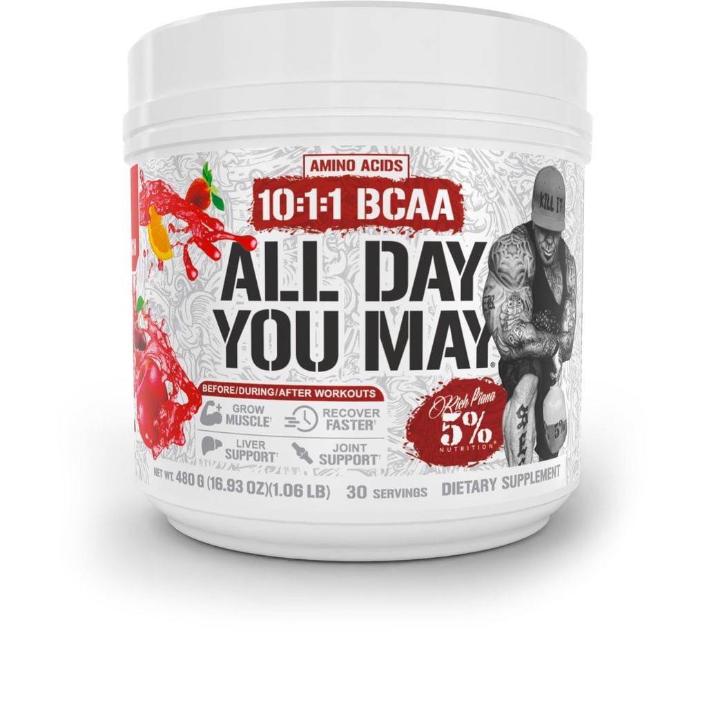 5% תזונה עשירה Piana AllDay You May BCAA אבקה | Premium Intra & Post Workout Amino Acids, הידרציה, אנדורנס, התאוששות שרירים, תמיכה משותפת ו Liver; 16.93 oz, 30 משרתים (Fruit Punch)