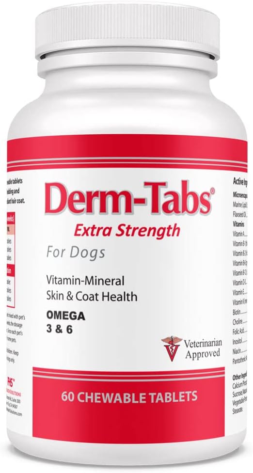 Derm Tabs תוספת כוח לכלבים - שמן טבעי, ויטמינים, מינרלים, ואנטיoxidants - תמיכה עור בריא ולהפחית 60 טבליות צ'וגות