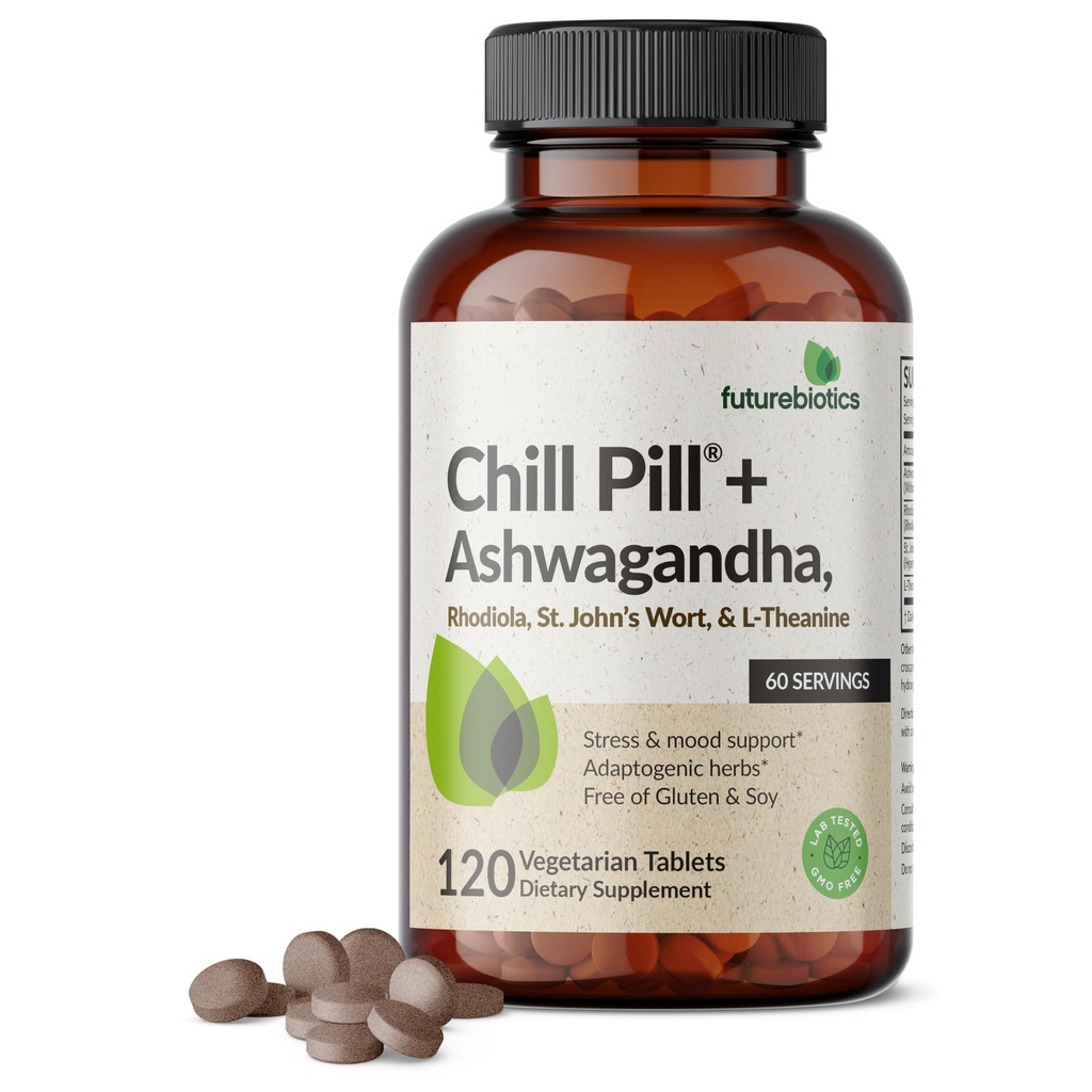 Futurebiotics Chill Pill + Ashwagandha, Rhodiola, St. John's Wort, & L-theanine - Non-GMO, 120 טבליות צמחוניות
