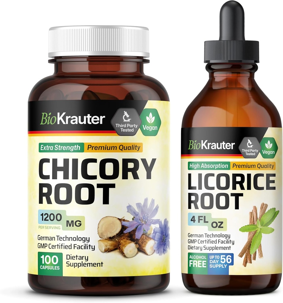 BIO KRAUTER Chicory Root 100 קפסולות & Licorice Root Tincture 4 Fl. Oz.