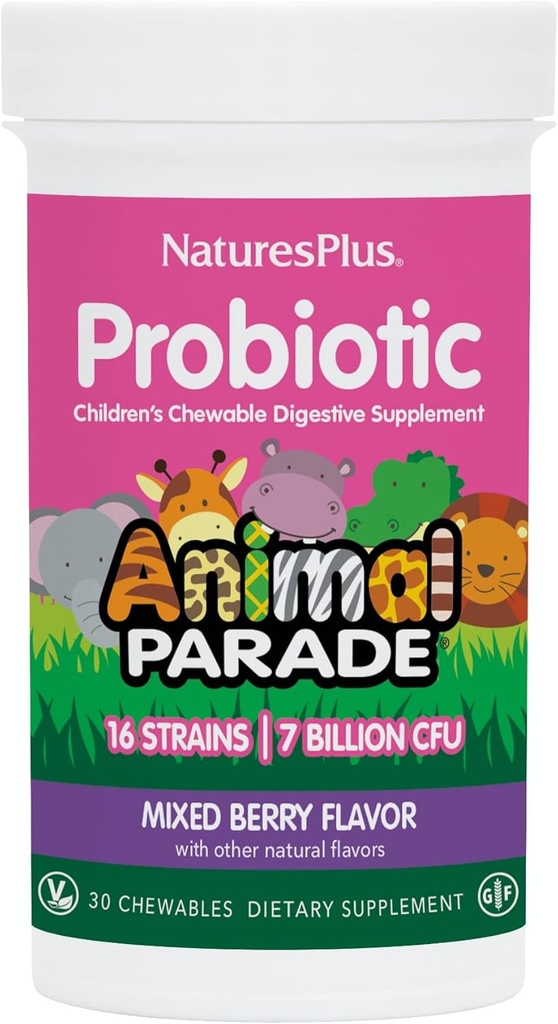 NaturesPlus Animal Parade פרוביוטיקה, ברי מעורב - 30 צ'כוסים - תוספי תזונה לילדים - תמיכה בתפקוד הבריאות והחיסון - טבעוני, גלוט חינם - 30 משרתים