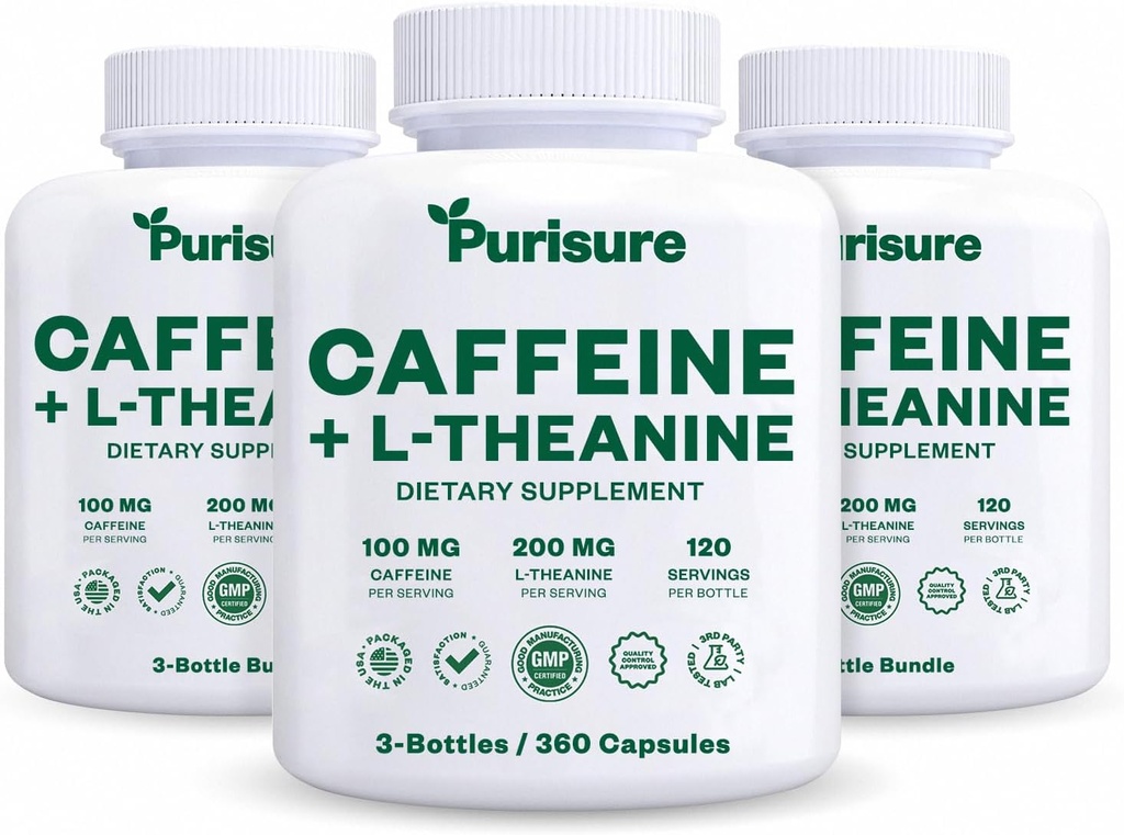 Purisure Caffeine Theanine קפסולות גלולות 100 מ"ג קפאין + 200 מ"ג L Theanine for Pre Workout Energy, ו-Clity Energy Pills for Fatigue, Nootropic, 120 יום אספקה, חבילת 3 3