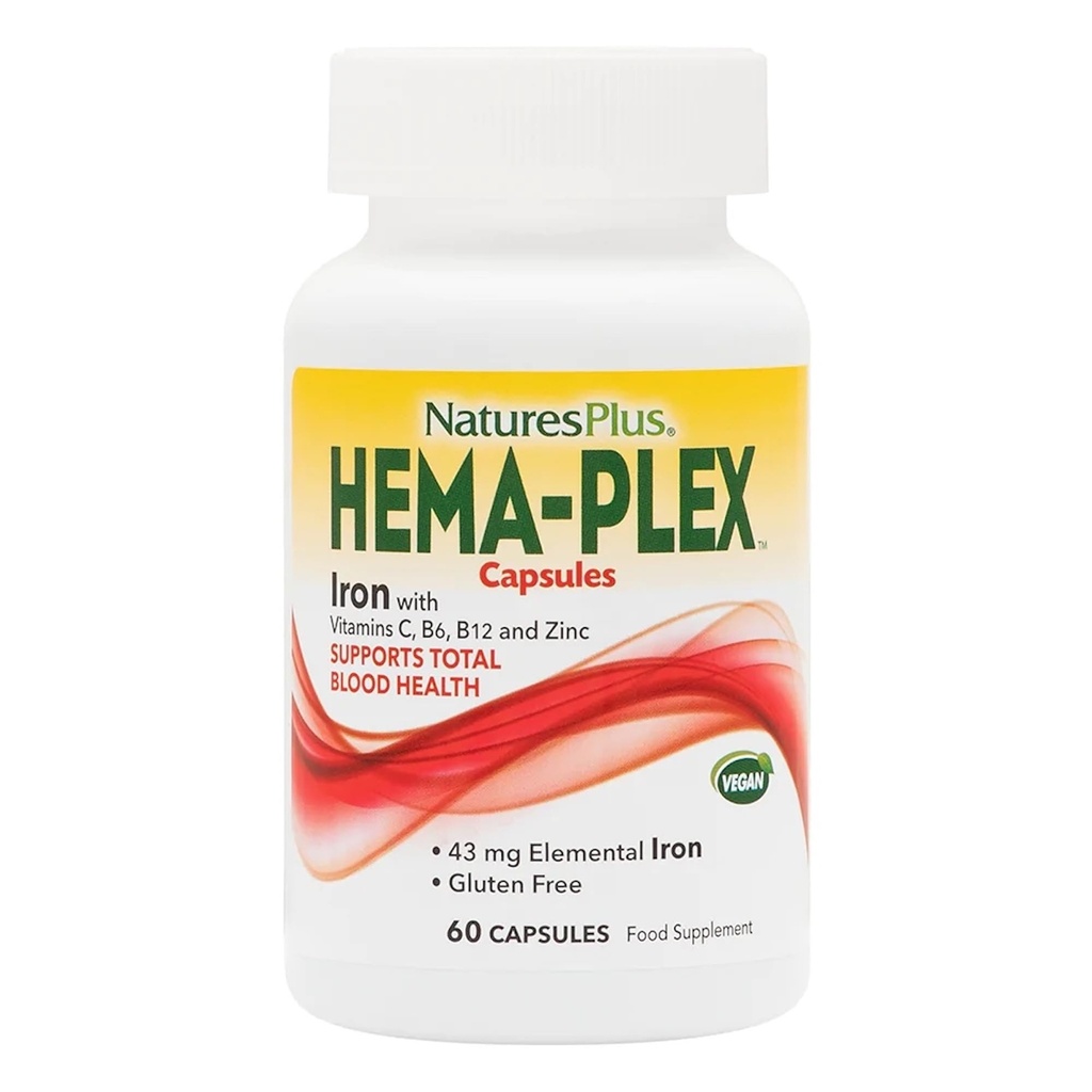 NaturesPlus Hema-Plex Iron - 60 קפסולות פעילות מהירה - 85 מ"ג Chelated Iron - Total Blood Health - עם ויטמין C & Bioflavonoids - טבעוני, גלוטן חינם - 30 משרתים