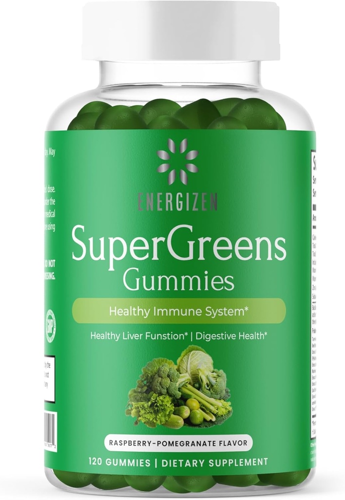 Green Superfood Gummies Plus - תמיכה בריאה Liver, Digestive Health & Immune System - טבעוני, non-GMO, Gluten-Free - Raspberry & Pomegranate Flavor - 120 Count Count Count Count