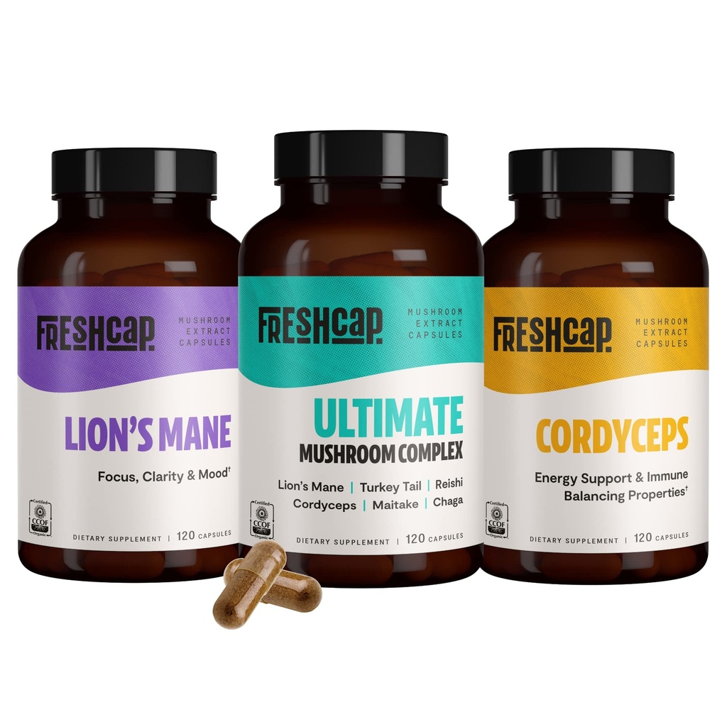FreshCap Mushrooms Popular Mushrooms Bundle, קפסולות (Lions Mane, Cordyceps, Ultimate Mushroom Complex)