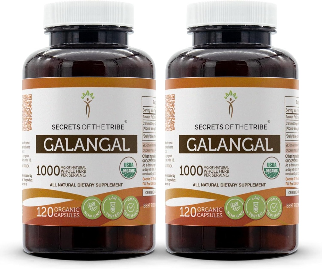 סודות של השבט Galangal USDA אורגני 120 קפסולות (2 מחשבים.) | עשויים עם קפסולות צמחוניות ומוכר אורגני Galangal (Alpinia Galangal) Dried Root (2x120 קפסולות)