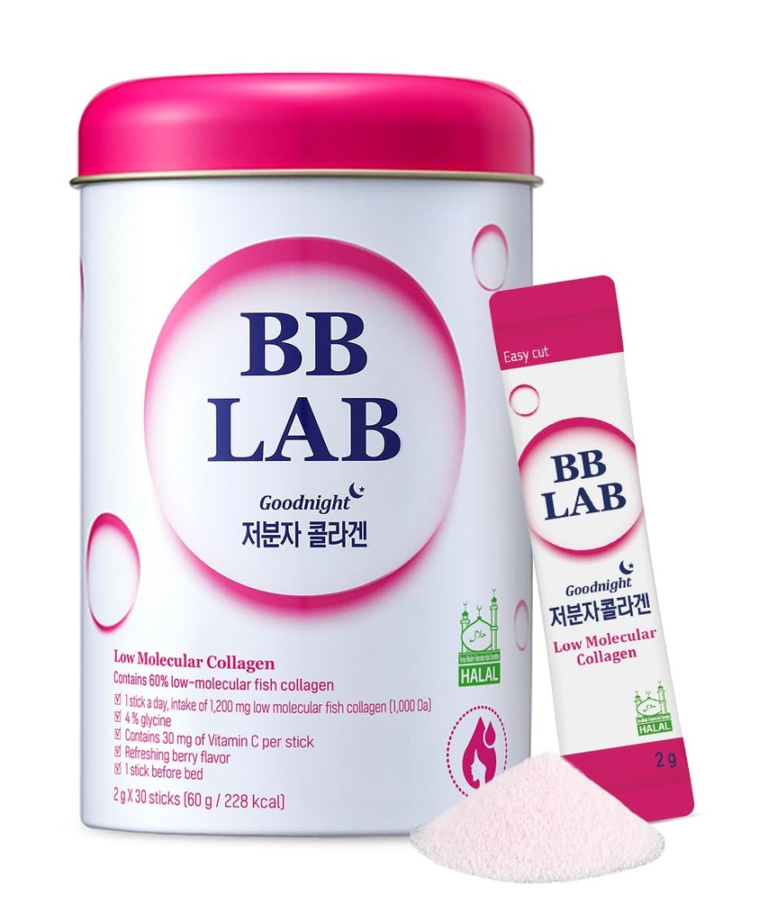 BB LAB Good Night Low Molecular Collagen אבקת Stick Supplement, Halal Certified, Marine Collagen, Fish Collagen Peptides, ויטמין C, Glycine, Fast Absorption, Mix Bre Flavor